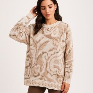 Tiara International Womens Vintage Tapestry Knit Sweater Oversized Beige Brown S